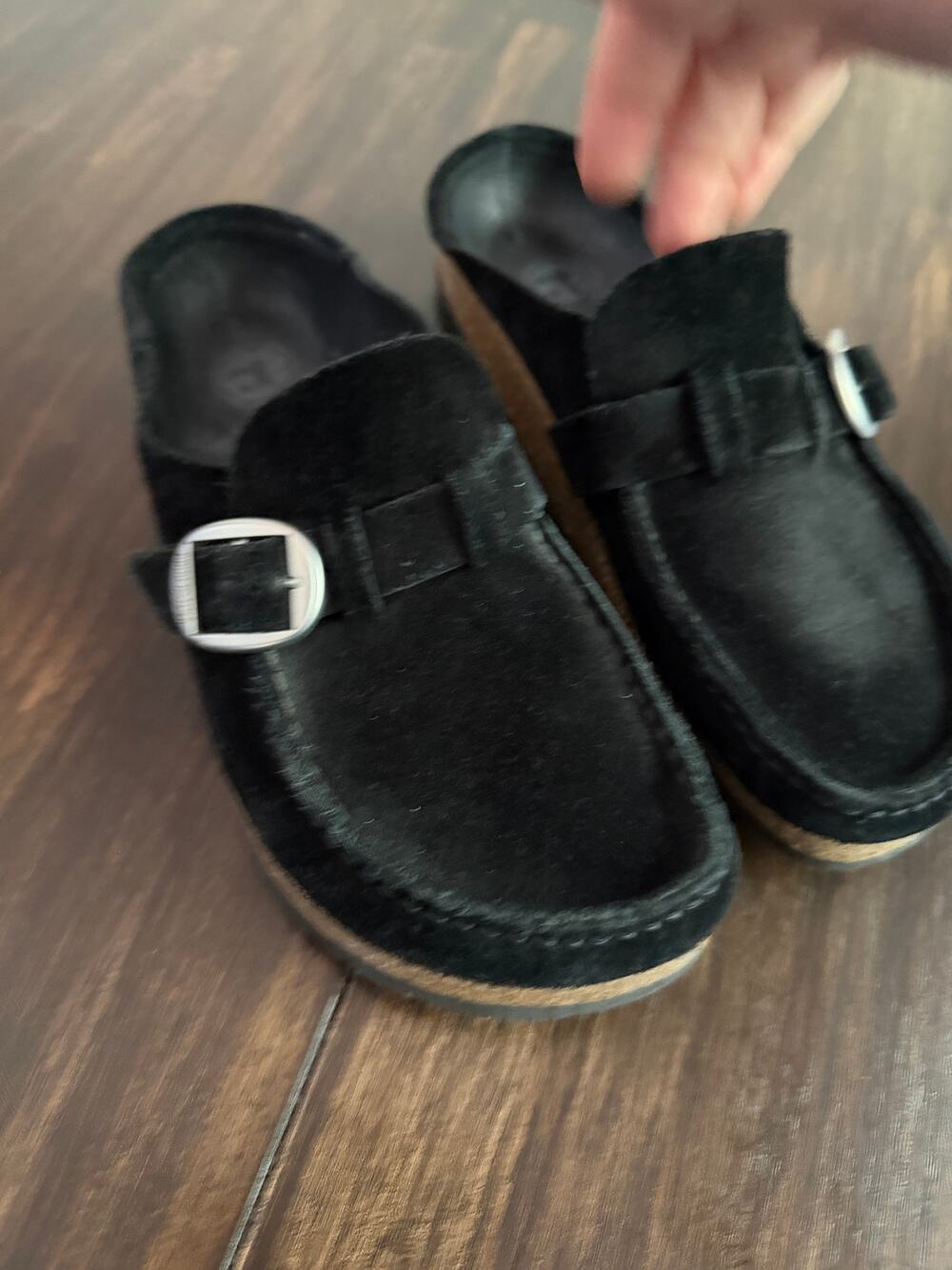 Birkenstock Black Buckley Suede slip on leather buckle clog shoes size 37